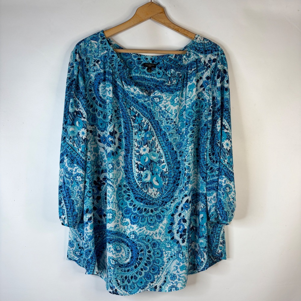 Talbots Blouse Womens 3X Blue Paisley Smocked Split Neck 3/4 Sleeve Top